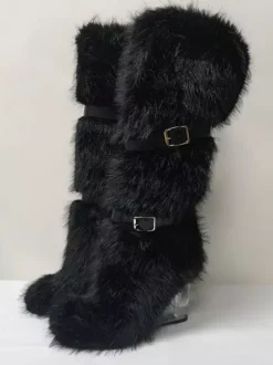 Bottes hautes à bout rond et talon compensé transparent en fausse fourrure pour femmes