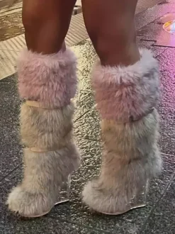 Bottes hautes à bout rond et talon compensé transparent en fausse fourrure pour femmes