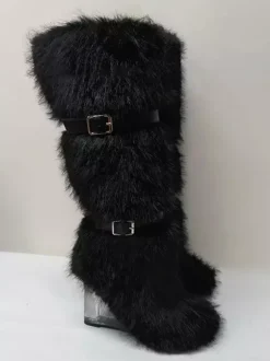 Bottes hautes à bout rond et talon compensé transparent en fausse fourrure pour femmes