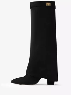 Bottes hautes en daim abricot à bout pointu avec boucle et fermeture éclair et talon épais
