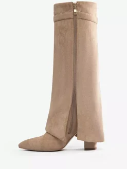 Bottes hautes en daim abricot à bout pointu avec boucle et fermeture éclair et talon épais