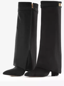 Bottes hautes en daim abricot à bout pointu avec boucle et fermeture éclair et talon épais
