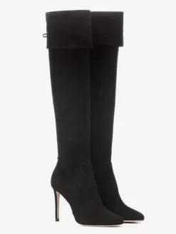 Bottes hautes en daim à bout pointu et talon haut repliable pour femmes