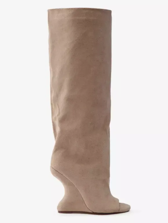 Bottes hautes en daim pour femmes bout ouvert talons hauts.