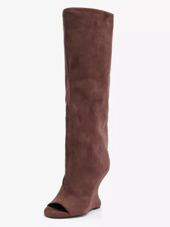 Bottes hautes en daim pour femmes bout ouvert talons hauts.