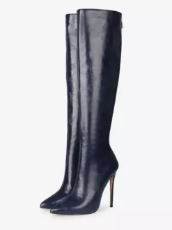 Bottes hautes femmes chaussures à talons aiguilles en cuir PU à bout pointu
