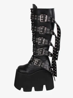 Bottes hautes gothiques épaisses Lolita noires en cuir PU à bout rond chaussures Lolita
