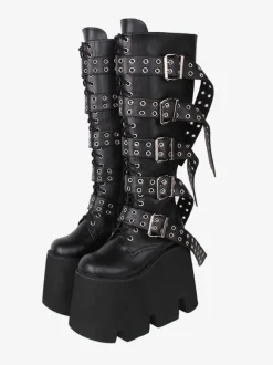 Bottes hautes gothiques épaisses Lolita noires en cuir PU à bout rond chaussures Lolita