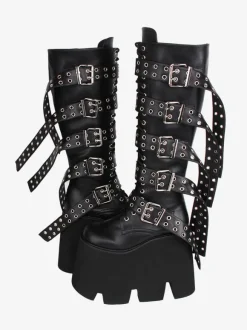 Bottes hautes gothiques épaisses Lolita noires en cuir PU à bout rond chaussures Lolita