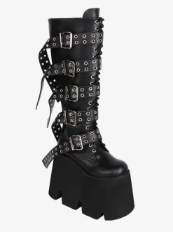 Bottes hautes gothiques épaisses Lolita noires en cuir PU à bout rond chaussures Lolita