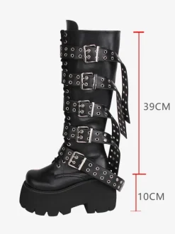Bottes hautes gothiques épaisses Lolita en cuir PU à bout rond chaussures Lolita noires