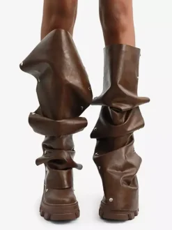 Bottes hautes marron pour femmes bottes à plateforme et talon épais longueur genou