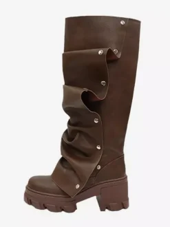 Bottes hautes marron pour femmes bottes à plateforme et talon épais longueur genou