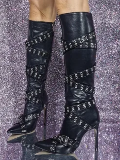 Bottes hautes noires à bout pointu et détails de boucle  bottes à talons hauts