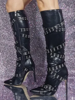 Bottes hautes noires à bout pointu et détails de boucle  bottes à talons hauts