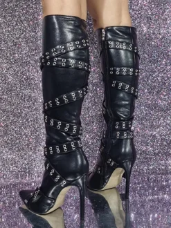 Bottes hautes noires à bout pointu et détails de boucle  bottes à talons hauts