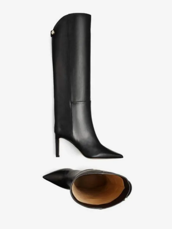 Bottes hautes noires à bout pointu avec détails en métal et talons hauts à tige droite