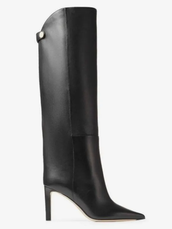 Bottes hautes noires à bout pointu avec détails en métal et talons hauts à tige droite