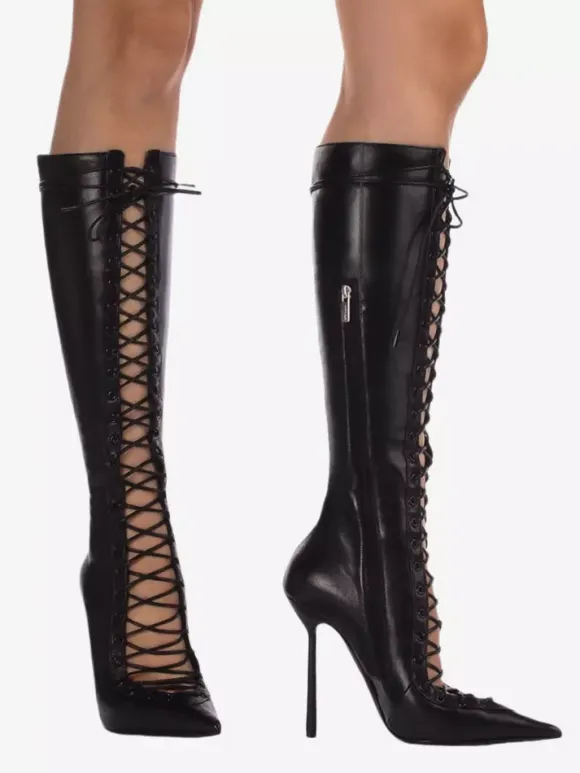 Bottes hautes noires à bout pointu et lacets pour femmes