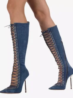 Bottes hautes noires à bout pointu et lacets pour femmes