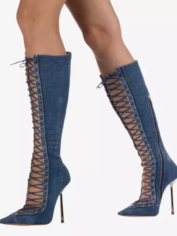 Bottes hautes noires à bout pointu et lacets pour femmes