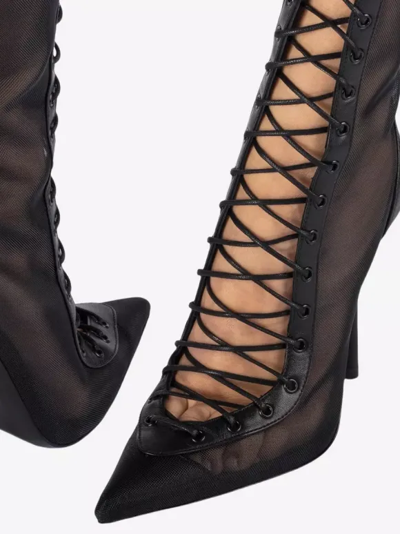 Bottes hautes noires à bout pointu et lacets pour femmes