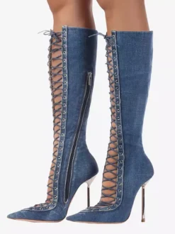 Bottes hautes noires à bout pointu et lacets pour femmes