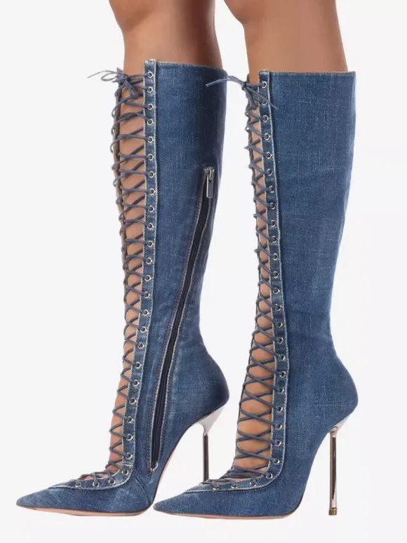 Bottes hautes noires à bout pointu et lacets pour femmes