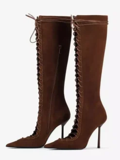 Bottes hautes noires à bout pointu et lacets pour femmes