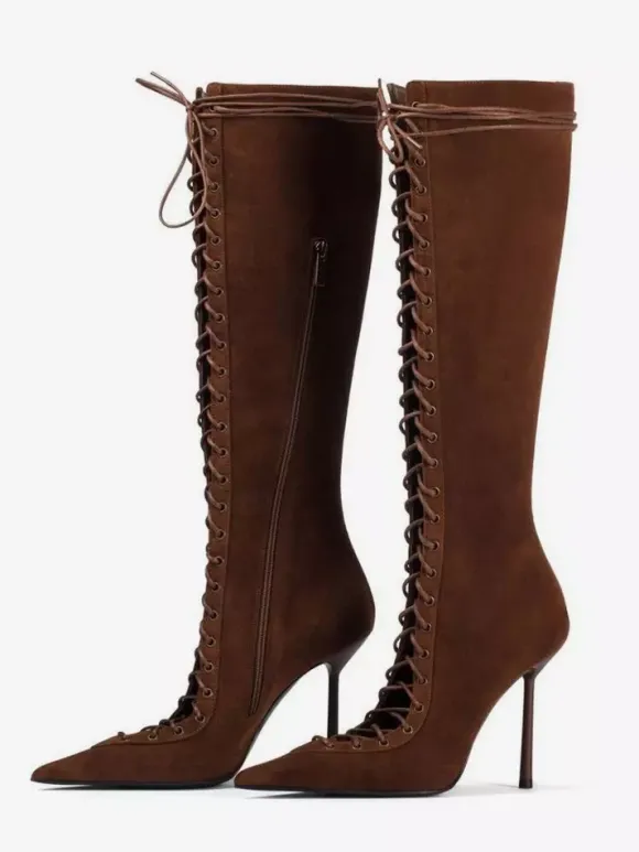 Bottes hautes noires à bout pointu et lacets pour femmes