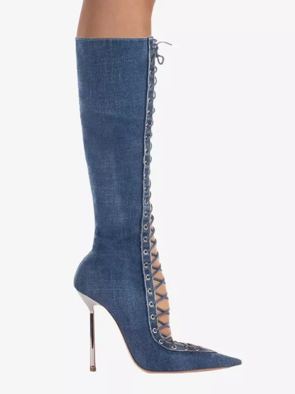 Bottes hautes noires à bout pointu et lacets pour femmes