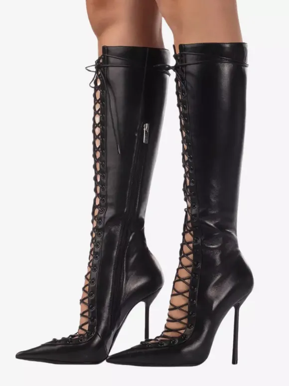 Bottes hautes noires à bout pointu et lacets pour femmes