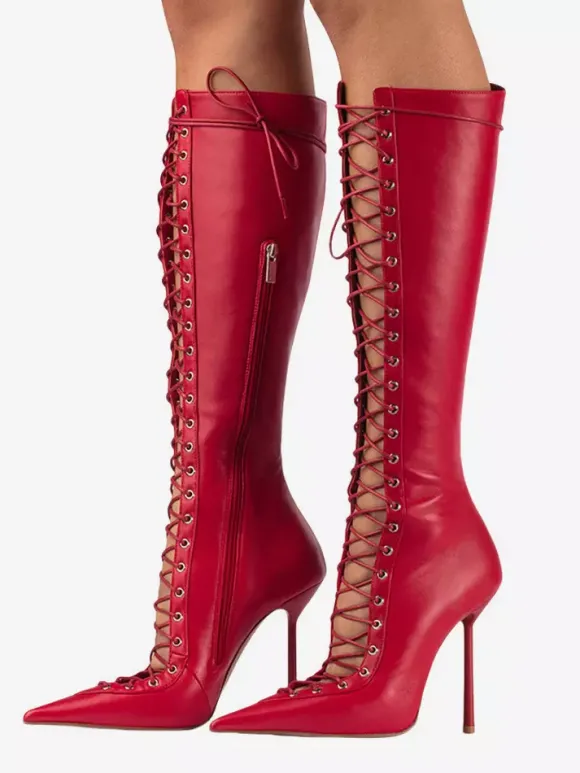 Bottes hautes noires à bout pointu et lacets pour femmes
