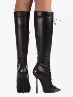 Bottes hautes noires à bout pointu et lacets pour femmes