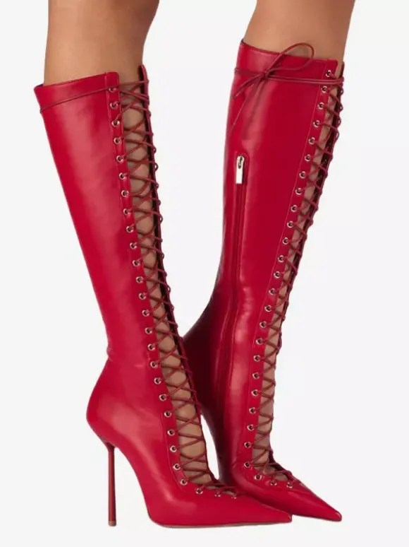Bottes hautes noires à bout pointu et lacets pour femmes