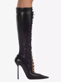 Bottes hautes noires à bout pointu et lacets pour femmes