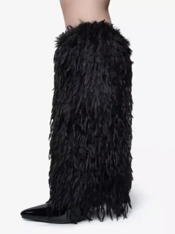 Bottes hautes noires en fausses plumes pour femmes bottes à talons hauts et bout pointu