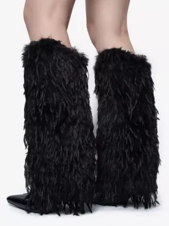 Bottes hautes noires en fausses plumes pour femmes bottes à talons hauts et bout pointu
