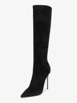 Bottes hautes noires pour femmes  bottes à talons hauts en daim à bout pointu