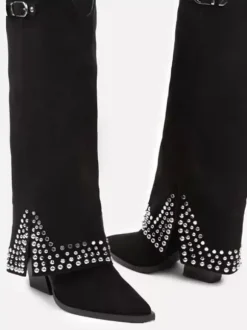 Bottes hautes noires pour femmes bottes à talons épais et bout pointu avec strass