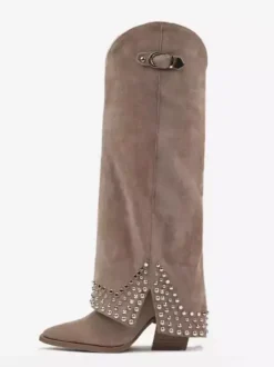 Bottes hautes noires pour femmes bottes à talons épais et bout pointu avec strass