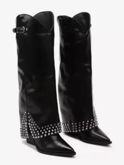 Bottes hautes noires pour femmes bottes à talons épais et bout pointu avec strass