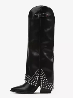Bottes hautes noires pour femmes bottes à talons épais et bout pointu avec strass