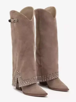 Bottes hautes noires pour femmes bottes à talons épais et bout pointu avec strass