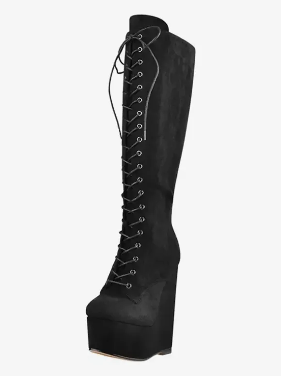 Bottes hautes noires sexy à lacets et talons compensés pour femmes