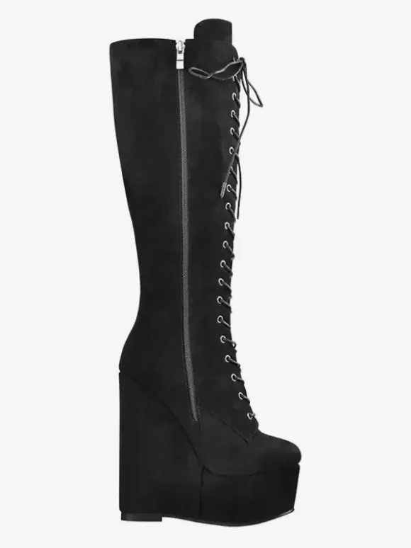 Bottes hautes noires sexy à lacets et talons compensés pour femmes