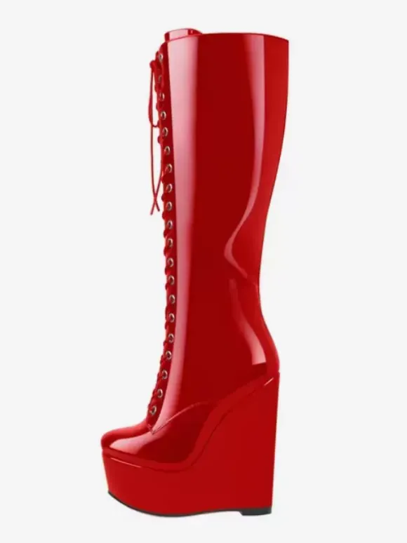 Bottes hautes noires sexy à lacets et talons compensés pour femmes