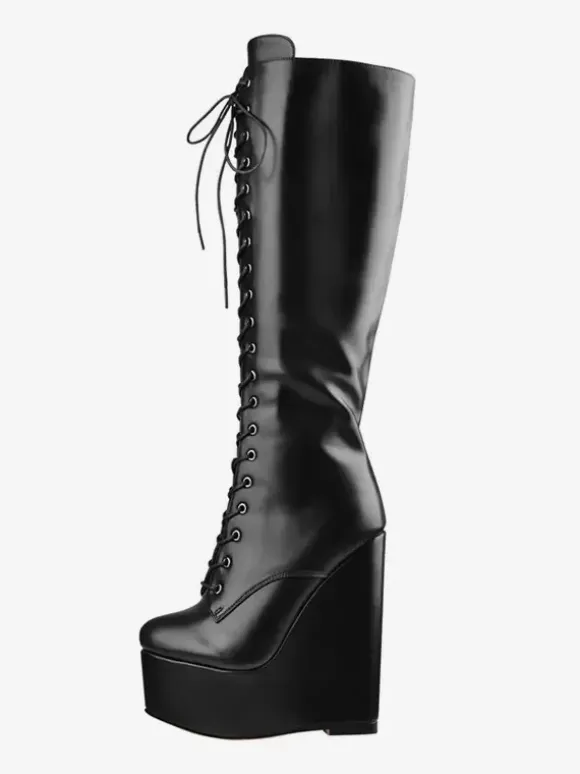 Bottes hautes noires sexy à lacets et talons compensés pour femmes