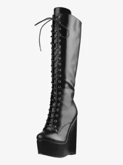 Bottes hautes noires sexy à lacets et talons compensés pour femmes
