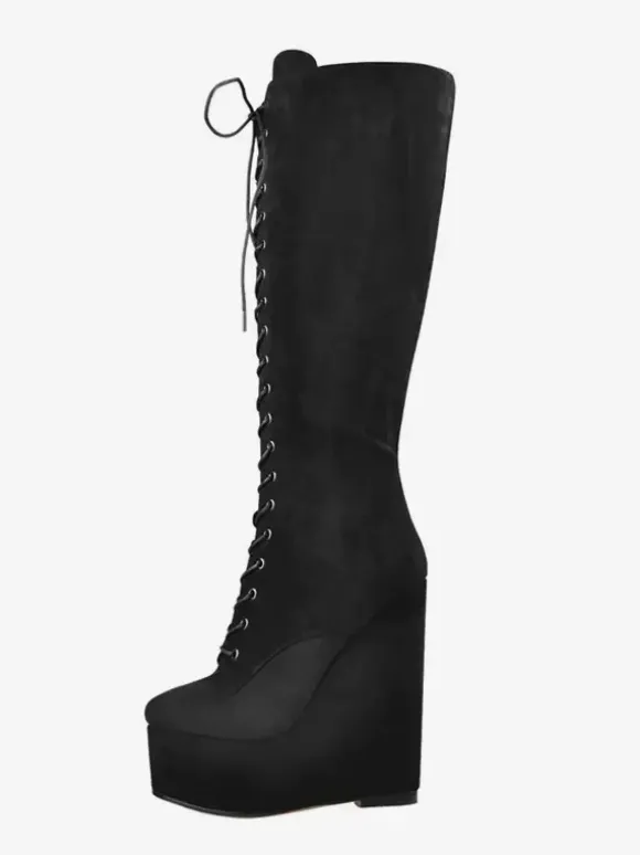 Bottes hautes noires sexy à lacets et talons compensés pour femmes